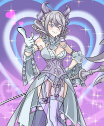 Rule 34 | 1girl, absurdres, artist request, blush, breasts, cleavage, closed mouth, demon girl, demon horns, demon wings, dress, duel monster, gloves, grey eyes, heart, highres, holding, holding polearm, holding weapon, horns, large breasts, leotard, leotard under clothes, looking at viewer, lovely labrynth of the silver castle, low wings, multiple wings, pointing, pointy ears, polearm, smile, solo, spread cleavage, transparent wings, twintails, weapon, white hair, white horns, wings, yu-gi-oh!