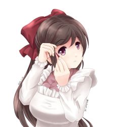 Rule 34 | 1girl, apron, breasts, brown hair, clothes lift, commentary request, dated, dress, dress lift, hair ornament, hair ribbon, hairclip, kantai collection, kappougi, kuroneko86, large breasts, long hair, looking at viewer, mamiya (kancolle), one-hour drawing challenge, parted lips, pink shirt, red eyes, ribbon, shirt, simple background, solo, twitter username, upper body, white background