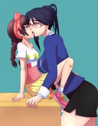 Rule 34 | 2girls, absurdres, age difference, black hair, blue eyes, blush, braid, brown eyes, brown hair, commission, commissioner upload, earrings, fire emblem, french kiss, glasses, hair ribbon, highres, jacket, jewelry, kiss, long hair, m-a-v-e-r-i-c-k, minamoto mamori, miniskirt, mole, mole under eye, multiple girls, nintendo, onee-loli, ponytail, red ribbon, ribbon, shimazaki maiko, size difference, skirt, tokyo mirage sessions fe, tongue, tongue out, twin braids, yuri
