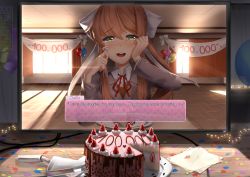 Rule 34 | 1girl, 2d dating, :d, backlighting, balloon, blazer, blush, bow, breasts, brown hair, cake, cake slice, cake slicer, calendar, classroom, collared shirt, commentary, computer, confetti, crying, crying with eyes open, curtains, desk, dialogue box, doki doki literature club, elbow rest, elbows on table, english commentary, english text, food, fork, fruit, green eyes, grey jacket, hair bow, hand on own cheek, hand on own face, hands up, happy, happy tears, heart, highres, holding, holding fork, indoors, jacket, lens flare, light particles, light rays, lonely, long hair, long sleeves, looking at viewer, medium breasts, milestone celebration, monika (doki doki literature club), monitor, neck ribbon, nose blush, open mouth, paper, plate, ponytail, red ribbon, ribbon, round teeth, sasoura, school, school uniform, shirt, sidelocks, sitting, smile, solo, spoilers, strawberry, sunbeam, sunlight, table, tears, teeth, white shirt, window, wiping tears