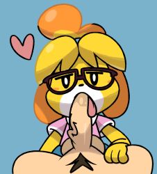 Rule 34 | 1boy, 1girl, animal crossing, animal ears, black eyes, blonde hair, blue skirt, blush stickers, brown-framed eyewear, clothed female nude male, dog ears, dog girl, erection, fellatio, furry, glasses, hair tie, half-closed eyes, heart, hetero, interspecies, isabelle (animal crossing), looking at viewer, male pubic hair, nintendo, nude, open mouth, oral, penis, pink shirt, pov, pubic hair, saliva, shirt, short hair, short sleeves, simple background, skirt, solo focus, testicles, tongue, tongue out, topknot, uncensored, veins, veiny penis, vilepluff, villager (animal crossing)