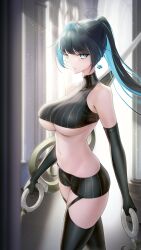 Rule 34 | 1girl, absurdres, bare shoulders, black gloves, black hair, black shirt, black shorts, black thighhighs, blue eyes, blue hair, bow, bow earrings, breasts, colored inner hair, crop top, earrings, elbow gloves, gloves, hair intakes, highres, hololive, hololive english, jewelry, large breasts, long hair, looking at viewer, multicolored hair, navel, ouro kronii, ouro kronii (1st costume), ponytail, shirt, short shorts, shorts, solo, somebody (leiking00), thighhighs, thighs, underboob, virtual youtuber, weapon