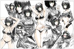 Rule 34 | 1girl, arm behind head, armpits, arms behind head, bare shoulders, bikini, black bikini, black dress, black hair, breasts, character sheet, cleavage, coat, dress, female focus, fubuki (one-punch man), green eyes, grin, iwamoto eiri, jewelry, large breasts, multiple views, navel, necklace, one-punch man, partially colored, smile, sweater, swimsuit, underboob, wet, white background