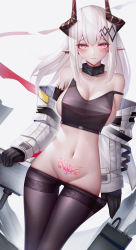 Rule 34 | 1girl, absurdres, arknights, bad id, bad pixiv id, binggong asylum, black gloves, black pantyhose, breasts, chinese commentary, cleavage, clothes pull, commentary request, cowboy shot, crop top, gloves, grey background, groin, heart, heart tattoo, highres, horns, large breasts, long hair, long sleeves, looking at viewer, midriff, mudrock (arknights), navel, pantyhose, pantyhose pull, parted lips, partial commentary, pink eyes, pointy ears, pubic tattoo, revision, silver hair, smile, solo, standing, stomach, strap slip, tattoo, thighband pantyhose, thighs