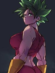 Rule 34 | 1girl, black background, blue eyes, breasts, closed mouth, dragon ball, dragon ball super, earrings, from behind, green hair, jewelry, kefla (dragon ball), kemachiku, large breasts, looking at viewer, midriff, muscular, muscular female, potara earrings, short hair, simple background, solo, spiked hair, standing, super saiyan