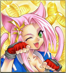 Rule 34 | 1girl, animal ears, banpresto, breasts, calnarsa, cat ears, cat tail, cleavage, coin, green eyes, koma (srw), multiple tails, one eye closed, pink hair, shikishi, solo, super robot wars, super robot wars og saga mugen no frontier, tail, wink