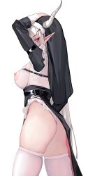 Rule 34 | 1girl, absurdres, arknights, arms behind head, arms up, ass, belt, belt buckle, black belt, black cloak, breasts, buckle, cloak, commentary request, cowboy shot, cross, demon girl, demon horns, habit, highres, hip focus, horns, horns through headwear, horns through hood, large breasts, looking at viewer, nipples, nun, pointy ears, red eyes, shining (arknights), simple background, solo, swimsuit, thighhighs, thighs, torn clothes, vest, white background, yaoshan shi