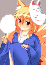Rule 34 | 1girl, alternate costume, animal ears, blonde hair, blue kimono, breasts, cotton candy, fingernails, fox ears, fox mask, fox tail, grey background, hand on own knee, japanese clothes, kimono, knee up, looking at viewer, mask, medium breasts, merry (diameri), multiple tails, short hair, simple background, smile, solo, tail, touhou, yakumo ran, yellow eyes, yukata