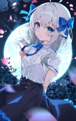 Rule 34 | 1girl, absurdres, ahoge, arm behind back, black skirt, blue bow, bow, breasts, center frills, cheli (kso1564), closed mouth, collared shirt, copyright request, frills, full moon, grey hair, hair between eyes, hair bow, hair over shoulder, hand up, highres, long hair, looking at viewer, low twintails, moon, night, night sky, outdoors, petals, shirt, short sleeves, signature, skirt, sky, small breasts, smile, solo, twintails, v, virtual youtuber, white shirt