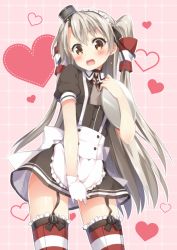 Rule 34 | 10s, 1girl, adapted costume, alternate costume, amatsukaze (kancolle), apron, ascot, blush, choker, covering crotch, covering privates, cowboy shot, enmaided, frilled thighhighs, frills, gloves, hair tubes, headgear, heart, kantai collection, looking at viewer, maid, maid apron, maid headdress, masuishi kinoto, open mouth, puffy short sleeves, puffy sleeves, red thighhighs, shima (shima je), short sleeves, silver hair, single glove, skirt, skirt tug, solo, striped clothes, striped thighhighs, thighhighs, grid background, tray, two side up, waist apron, waitress, wavy mouth, white gloves