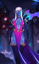 Rule 34 | 1girl, blue gloves, blue skin, blue thighhighs, breasts, colored skin, distr, dress, ear piercing, earrings, elbow gloves, elf, gloves, gradient dress, hand up, highres, jewelry, large breasts, long eyebrows, long hair, looking at viewer, night, nightborne, outdoors, parted lips, pelvic curtain, piercing, pink dress, plunging neckline, pointy ears, signature, smile, solo, standing, thighhighs, warcraft, white eyes, white hair, world of warcraft