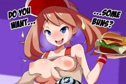 Rule 34 | 1boy, 1girl, absurdres, alternate costume, bare shoulders, blue eyes, blush, bracelet, breasts, breath, brown hair, burger, chicken nuggets, clothes lift, collarbone, creatures (company), deep skin, disembodied hand, drooling, english text, food, french fries, game freak, grabbing, grabbing another&#039;s breast, half-closed eyes, hand up, happy, hat, hetero, highres, holding, jewelry, large breasts, lucyfer, may (pokemon), may (pokemon oras), medium hair, mega pokemon, mega stone, nintendo, nipples, nose blush, open mouth, pokemon, pokemon oras, purple background, red headwear, red shirt, saliva, shirt, shirt lift, simple background, sleeveless, sleeveless shirt, smile, solo focus, sweat, talking, teeth, text focus, tongue, tray, trembling, upper body, visor cap, waitress, wristband