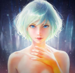 Rule 34 | 1girl, blue eyes, blue hair, closed mouth, commentary request, gradient hair, green hair, hand on own chest, hand up, highres, lips, lipstick, looking at viewer, makeup, multicolored hair, nababa, original, red lips, short hair, solo, topless frame