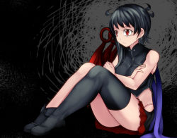 Rule 34 | 1girl, :&lt;, alternate costume, aoshima, asymmetrical hair, asymmetrical legwear, asymmetrical wings, bare arms, bare legs, bare shoulders, black hair, black thighhighs, black vest, closed mouth, commentary request, crossed arms, expressionless, from side, full body, hand on own arm, houjuu nue, knees up, looking afar, medium hair, midriff, miniskirt, red eyes, red skirt, shoes, short hair, single shoe, single thighhigh, sitting, skirt, solo, stomach, thighhighs, touhou, uneven legwear, vest, wings, zettai ryouiki