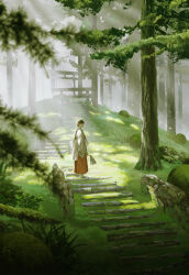 Rule 34 | 1girl, amemura (caramelo), brown hair, closed mouth, forest, gohei, highres, japanese clothes, long hair, long skirt, long sleeves, looking at viewer, miko, nature, original, outdoors, ponytail, sandals, skirt, smile, solo, stairs, standing, torii, tree, wide sleeves
