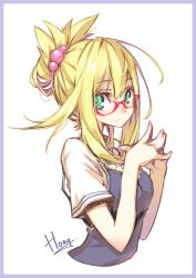 Rule 34 | 1girl, :/, absurdres, blonde hair, border, fingernails, fingers together, glasses, green eyes, hair bobbles, hair ornament, half updo, highres, hong (white spider), looking at viewer, no legs, original, signature, simple background, sketch, solo, steepled fingers, upper body, white background