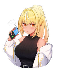 Rule 34 | 1girl, alternate costume, belt, black sweater, blonde hair, blush, breasts, casual, cellphone, commentary, dark-skinned female, dark skin, hair between eyes, highres, holding, holding phone, hololive, hood, hooded jacket, jacket, large breasts, long hair, looking at viewer, off shoulder, open mouth, orange eyes, phone, pointy ears, ribbed sweater, sasaki (glass1138), shiranui flare, simple background, sleeveless, sleeveless turtleneck, smartphone, solo, sweater, turtleneck, turtleneck sweater, virtual youtuber, white background, white hair, white jacket