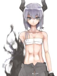 Rule 34 | 1girl, abs, female focus, gloves, horns, looking at viewer, monorino, original, sarashi, simple background, solo, white background