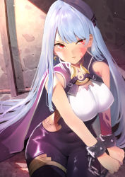Rule 34 | 1girl, blue hair, breasts, cape, clenched hands, commentary request, covered navel, cuffs, earrings, furukawa itsuse, half-closed eye, handcuffs, highres, jewelry, long hair, looking at viewer, original, parted lips, red eyes, restrained, scar, sitting, solo, thigh strap, very long hair