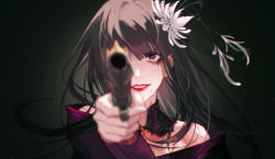 Rule 34 | 1girl, aiming, aiming at viewer, bare shoulders, bat hair ornament, black collar, black hair, blunt bangs, blurry, chinese commentary, collar, commentary request, depth of field, final fantasy, final fantasy xiv, flower, foreshortening, gradient background, green background, grin, gun, hair flower, hair ornament, highres, holding, holding gun, holding weapon, japanese clothes, kimono, lace collar, long hair, looking at viewer, mole, mole under mouth, off shoulder, one eye covered, portrait, purple eyes, red lips, smile, solo, straight-on, straight hair, tears, v-shaped eyebrows, weapon, whatwillthefuturehold, yotsuyu goe brutus