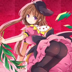 Rule 34 | 1girl, apron, ass, black hat, black pantyhose, bow, brown hair, commentary request, dress, hat, hat ribbon, highres, leaf, light smile, looking back, myouga (plant), nishida satono, pantyhose, pink dress, pote (ptkan), puffy short sleeves, puffy sleeves, purple eyes, red background, ribbon, short hair with long locks, short sleeves, solo, tate eboshi, thighband pantyhose, touhou, waist apron