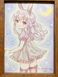 Rule 34 | 1girl, animal ears, blush, bow, chestnut mouth, chitosezaka suzu, commentary request, crescent moon, frilled skirt, frills, grey skirt, hair between eyes, hair bow, highres, long hair, looking at viewer, looking back, moon, original, photo (medium), pleated skirt, puffy short sleeves, puffy sleeves, purple bow, purple eyes, purple hair, purple shirt, purple thighhighs, rabbit ears, shirt, short sleeves, skirt, solo, star (symbol), thighhighs, traditional media