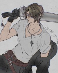 Rule 34 | 1boy, belt, belt buckle, black gloves, black jacket, black pants, blue eyes, brown belt, brown hair, buckle, chain, chain necklace, cowboy shot, dated, earrings, eni (yoyogieni), final fantasy, final fantasy viii, gloves, grey background, gunblade, hair between eyes, highres, jacket, jacket partially removed, jewelry, male focus, multiple belts, necklace, over shoulder, pants, parted bangs, scar, scar on face, scar on forehead, shirt, short hair, short sleeves, single earring, solo, squall leonhart, t-shirt, twitter username, v-neck, weapon, weapon over shoulder, white shirt
