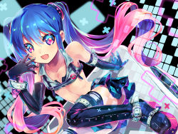 Rule 34 | 1girl, blue eyes, blue hair, boots, daystar, elbow gloves, flat chest, gloves, hatsune miku, highres, itsuya (daystar), long hair, matching hair/eyes, open mouth, pink hair, skirt, solo, thigh boots, thighhighs, twintails, very long hair, vocaloid