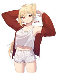 Rule 34 | 1girl, absurdres, arm behind head, armpits, arms up, bare shoulders, blonde hair, breasts, camisole, cleavage, collarbone, crop top, crop top overhang, cropped legs, highres, jacket, jingburger, long hair, long sleeves, looking at viewer, midriff, navel, open clothes, open jacket, open mouth, ponytail, red eyes, red jacket, shirt, short shorts, shorts, sleeveless, sleeveless shirt, solo, thighs, very long hair, virtual youtuber, waktaverse, white shirt, white shorts, ziro (zirorong)
