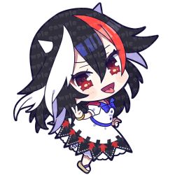 Rule 34 | 1girl, black hair, blue bow, blue bowtie, bow, bowtie, bracelet, chibi, cone horns, dress, full body, hair between eyes, highres, horns, jewelry, kijin seija, looking at viewer, multicolored hair, open mouth, red eyes, red hair, sample watermark, short hair, short sleeves, simple background, smile, solo, streaked hair, tongue, tongue out, touhou, v, watermark, white background, white dress, white hair, yoriteruru
