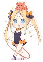 Rule 34 | 1girl, abigail williams (fate), abigail williams (welcome to the travelling circus!) (fate), bandages, blonde hair, blue eyes, blush, bow, breasts, chibi, commentary, fate/grand order, fate (series), hair bow, holding, hoop, leotard, long hair, looking at viewer, object on head, official alternate costume, open mouth, orange bow, purple bow, simple background, sino (sionori), smile, solo, sparkle, standing, stuffed animal, stuffed toy, teddy bear, tentacles, very long hair, welcome to the travelling circus!, white background