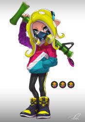 Rule 34 | 1girl, artist name, bamboozler 14 (splatoon), black leggings, blonde hair, blue eyes, commentary, gameplay mechanics, gradient background, grey background, gun, half-closed eyes, hand in pocket, high tops, highres, holding, holding gun, holding weapon, jacket, leggings, long hair, long sleeves, looking at viewer, multicolored clothes, multicolored jacket, nintendo, octoling, octoling girl, octoling player character, over shoulder, puchiman, respirator, shoes, signature, single vertical stripe, sneakers, solo, splatoon (series), splatoon 2, standing, suction cups, tentacle hair, weapon, yellow footwear