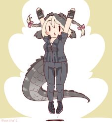 Rule 34 | 1girl, alligator girl, american alligator (kemono friends), arms up, black hair, boots, coroha, crocodilian tail, fingerless gloves, full body, gloves, grey background, grey hair, jacket, jumping, kemono friends, leather, leather jacket, leather pants, long hair, looking at viewer, multicolored hair, pants, ribbon, shirt, simple background, solo, tail, two-tone hair