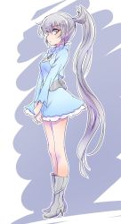 Rule 34 | 1girl, blue dress, blue eyes, boots, check commentary, commentary request, dress, high heel boots, high heels, highres, iesupa, long hair, ponytail, prototype design, rwby, solo, very long hair, weiss schnee, white hair
