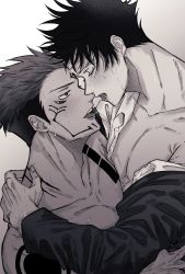Rule 34 | 2boys, after kiss, bad id, bad twitter id, blush, chest tattoo, closed eyes, collarbone, commentary request, extra eyes, facial tattoo, forehead-to-forehead, fushiguro megumi, fushirun rung, heads together, highres, jacket, jujutsu kaisen, looking at another, male focus, multiple boys, muscular, muscular male, neck tattoo, open clothes, partially undressed, pectorals, ryoumen sukuna (jujutsu kaisen), saliva, saliva trail, shirt, short hair, shoulder tattoo, spiked hair, sweat, tattoo, tongue, tongue out, undercut, yaoi