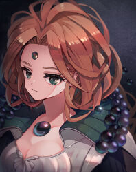 Rule 34 | 1girl, black background, blackpearl, bodice, breasts, brown hair, chest jewel, cleavage, collared cloak, commentary request, cropped torso, expressionless, forehead jewel, gem, green eyes, legend of mana, looking at viewer, medium breasts, orb, seiken densetsu, solo, souichi