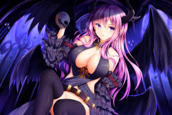 Rule 34 | 1girl, bare shoulders, belt, black dress, black thighhighs, blurry, blurry background, breasts, broken skull, cleavage, criss-cross halter, demon horns, demon wings, detached sleeves, dress, earrings, full moon, gold trim, halterneck, highres, holding, holding skull, horns, jewelry, knee up, large breasts, layered sleeves, light particles, long hair, looking at viewer, lucifer (shinkai no valkyrie), moon, multiple wings, night, no bra, no panties, open clothes, open dress, parted lips, pink hair, pointy ears, purple eyes, purple hair, shinkai no valkyrie, sitting, skull, sky, solo, star (sky), starry sky, strap, thighhighs, very long hair, wings, wsman
