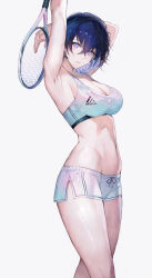 Rule 34 | 1girl, adidas, among us, arm behind head, armpits, arms up, bare arms, bare shoulders, blue eyes, blue hair, breasts, cleavage, crop top, drawstring, feet out of frame, highres, holding, holding racket, large breasts, looking at viewer, meme, midriff, multicolored eyes, navel, open mouth, original, pink eyes, qiandaiyiyu, racket, shirt, short hair, short shorts, shorts, side slit, simple background, sleeveless, sleeveless shirt, solo, sports bra, standing, stomach, sweat, tennis racket, thighs, white background, white shorts, white sports bra