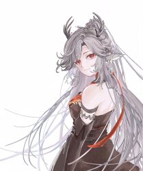 Rule 34 | 1girl, aaa huacaipifazunzi, absurdres, animal ears, antlers, arknights, arm strap, bare shoulders, black dress, black gloves, commentary request, dress, elbow gloves, gloves, grey hair, highres, horns, long hair, looking at viewer, qiubai (arknights), red eyes, simple background, solo, upper body, very long hair, white background