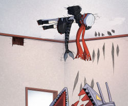 Rule 34 | 1girl, admiral graf spee (azur lane), akaoni (zumt3548), azur lane, black dress, black footwear, black socks, boots, ceiling, cracked ceiling, dress, frills, full body, hole in ceiling, hole in wall, indoors, kneehighs, mechanical hands, mechanical tail, multicolored hair, red hair, red scarf, rigging, scarf, short hair, socks, solo, streaked hair, tail, tail wagging, turret, wall, white hair, window