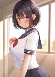 Rule 34 | 1girl, black sailor collar, black skirt, blurry, blush, bob cut, breasts, brown hair, closed mouth, commentary request, depth of field, from side, hand up, indoors, inoue yurina, karutamo, large breasts, looking at viewer, looking to the side, midriff peek, neckerchief, original, paid reward available, pleated skirt, purple eyes, raised eyebrows, red neckerchief, sailor collar, school uniform, see-through, see-through shirt, see-through silhouette, serafuku, shirt, short hair, short sleeves, sidelighting, sidelocks, skirt, solo, sunlight, white shirt, window