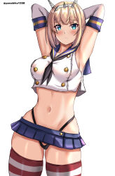 Rule 34 | 1girl, absurdres, arms behind head, black hairband, black neckerchief, black panties, blonde hair, blue eyes, blue sailor collar, blue skirt, breasts, cosplay, cowboy shot, crop top, elbow gloves, embarrassed, gloves, hairband, headgear, highleg, highleg panties, highres, kantai collection, large breasts, looking at viewer, microskirt, mizuki (uzuki no sato), neckerchief, one-hour drawing challenge, panties, rodney (kancolle), sailor collar, shimakaze (kancolle), shimakaze (kancolle) (cosplay), short hair, skirt, solo, striped clothes, striped thighhighs, thighhighs, thong, twitter username, underwear, white background, white gloves