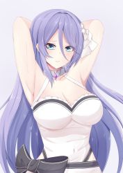 Rule 34 | 1girl, absurdres, armpits, arms behind head, arms up, blue eyes, breasts, cleavage, dress, highres, large breasts, long hair, looking at viewer, princess connect!, purple hair, shizuru (princess connect!), simple background, solo, very long hair, white background