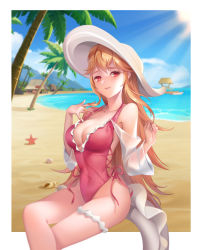 Rule 34 | 1girl, artist request, azur lane, backless swimsuit, beach, breasts, cleavage, covered navel, cross-laced clothes, cross-laced one-piece swimsuit, frilled swimsuit, frills, hat, highleg, highleg swimsuit, highres, innertube, large breasts, long hair, multiple straps, one-piece swimsuit, orange hair, palm tree, pink eyes, pink one-piece swimsuit, richelieu (azur lane), richelieu (fleuron of the waves) (azur lane), seashell, shell, side-tie swimsuit, sitting, solo, starfish, sun hat, swim ring, swimsuit, tree, water, white hat, white innertube