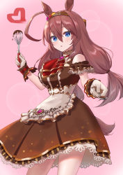 Rule 34 | 1girl, absurdres, ahoge, animal ears, ascot, black hairband, brooch, brown dress, brown hair, chocolate, clothing cutout, commentary, cowboy shot, dress, ear ornament, foreshortening, frilled sleeves, frills, gloves, grey gloves, hair tie, hairband, heart, high collar, highres, holding, holding spoon, horse ears, horse girl, horse tail, hoshinopurin, jewelry, long hair, looking at viewer, low-tied long hair, medium dress, mihono bourbon (code:glassage) (umamusume), mihono bourbon (umamusume), official alternate costume, parted lips, pink background, red ascot, short sleeves, shoulder cutout, solo, spoon, standing, tail, umamusume, whisk
