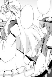 Rule 34 | 2girls, ^^^, blank speech bubble, closed eyes, crossed arms, female focus, food, from side, fruit, greyscale, hat, hinanawi tenshi, long sleeves, monochrome, multiple girls, peach, seo tatsuya, simple background, speech bubble, tabard, text focus, touhou, upper body, white background, wide sleeves, yakumo yukari