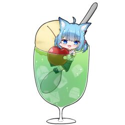 Rule 34 | 1girl, ahoge, animal ear fluff, animal ears, blue eyes, blue hair, blush, cherry, chibi, cup, dog ears, food, fruit, full body, grey skirt, hair bobbles, hair ornament, ice, ice cream, ice cream float, ice cube, in container, in cup, k (ve do 9k), looking at viewer, medium bangs, mini person, minigirl, nanashi inc., open mouth, shirt, short hair, simple background, skirt, smile, solo, souya ichika, souya ichika (5th costume), spoon, two side up, virtual youtuber, white background, white shirt
