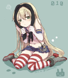Rule 34 | 10s, 1girl, :&lt;, blonde hair, blush, dated, elbow gloves, gloves, green eyes, hairband, kantai collection, long hair, natsuhiko, shimakaze (kancolle), simple background, sitting, skirt, solo, squiggle, striped clothes, striped thighhighs, thighhighs, twitter username, wariza, white gloves
