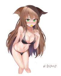 Rule 34 | &gt;:(, 1girl, absurdres, animal ears, arm behind back, artist name, bare arms, bare shoulders, bikini, black bikini, blunt bangs, blush, breasts, brown hair, cleavage, closed mouth, collarbone, commentary, commission, condom, condom in mouth, cropped legs, crossed bangs, curvy, dobostorte, eyebrows hidden by hair, feet out of frame, green eyes, groin, hair between eyes, halterneck, hand up, highres, knees together feet apart, large breasts, leaning forward, long hair, looking at viewer, midriff, mouth hold, navel, nose blush, original, shiny skin, sidelocks, simple background, slit pupils, solo, split mouth, stomach, straight hair, sweat, swimsuit, thighs, tsurime, v-shaped eyebrows, very long hair, white background