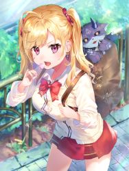 Rule 34 | 1girl, ahoge, bad id, bad pixiv id, bag, blonde hair, blurry, blurry background, blush, bow, breasts, candy, collared shirt, commentary request, day, debidebi debiru, depth of field, earrings, fang, food, hair bow, highres, holding, holding candy, holding food, holding lollipop, in bag, in container, jacket, jewelry, lollipop, long hair, looking at viewer, medium breasts, nijisanji, omelet tomato, open mouth, outdoors, pleated skirt, purple eyes, railing, red bow, red skirt, school bag, school uniform, shirt, skirt, takamiya rion, takamiya rion (6th costume), twintails, v-shaped eyebrows, virtual youtuber, white jacket, white shirt